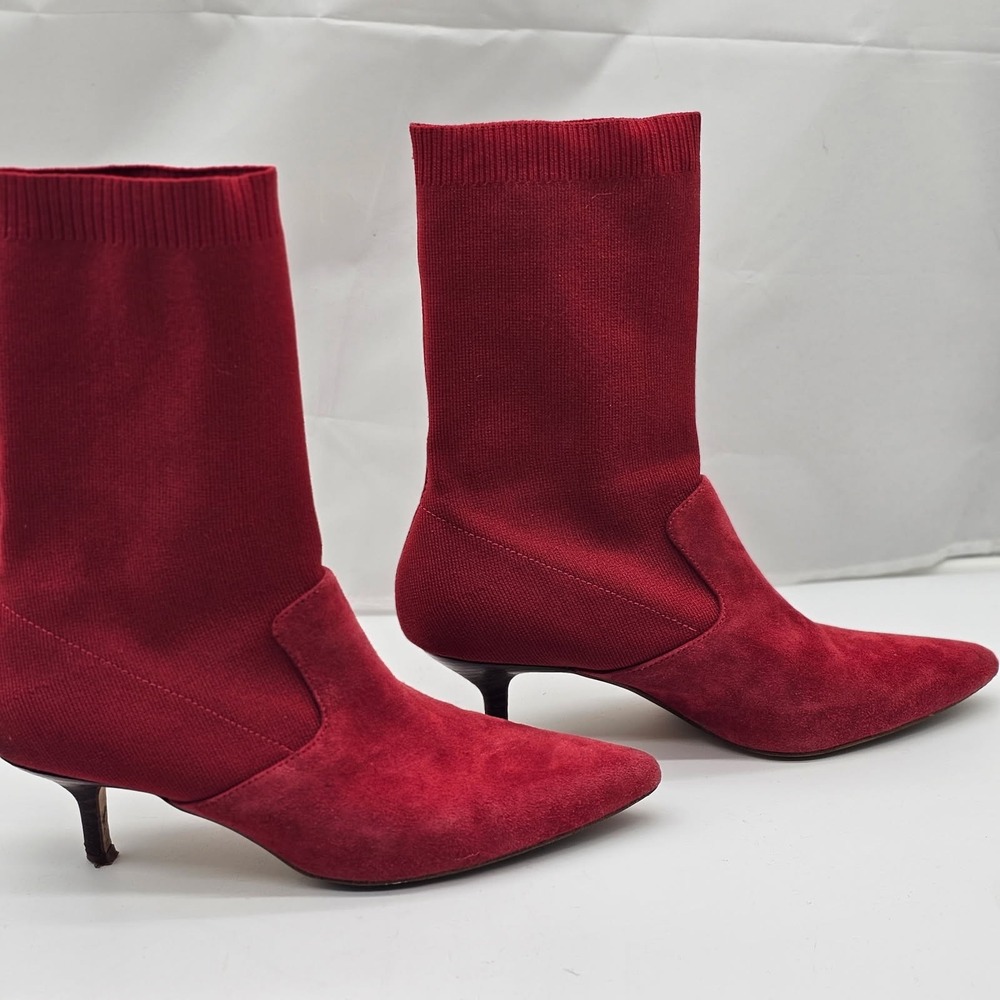 Halston Women Size 9 Sock Red Booties Suede Stretchy Pointy Toe Valentine Day - Picture 3 of 14